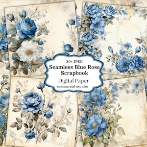 Vintage Blue Rose Seamless Pattern - Digital Paper for Scrapbooking and Design, Vintage Floral Scrapbook Paper, Instant Download, Printable