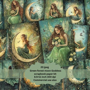 Pagine di diario di cianfrusaglie con bellissime donne della luna / Tema giardino al chiaro di luna vintage / Foglio di carta shabby chic per scrapbooking / Ephemera