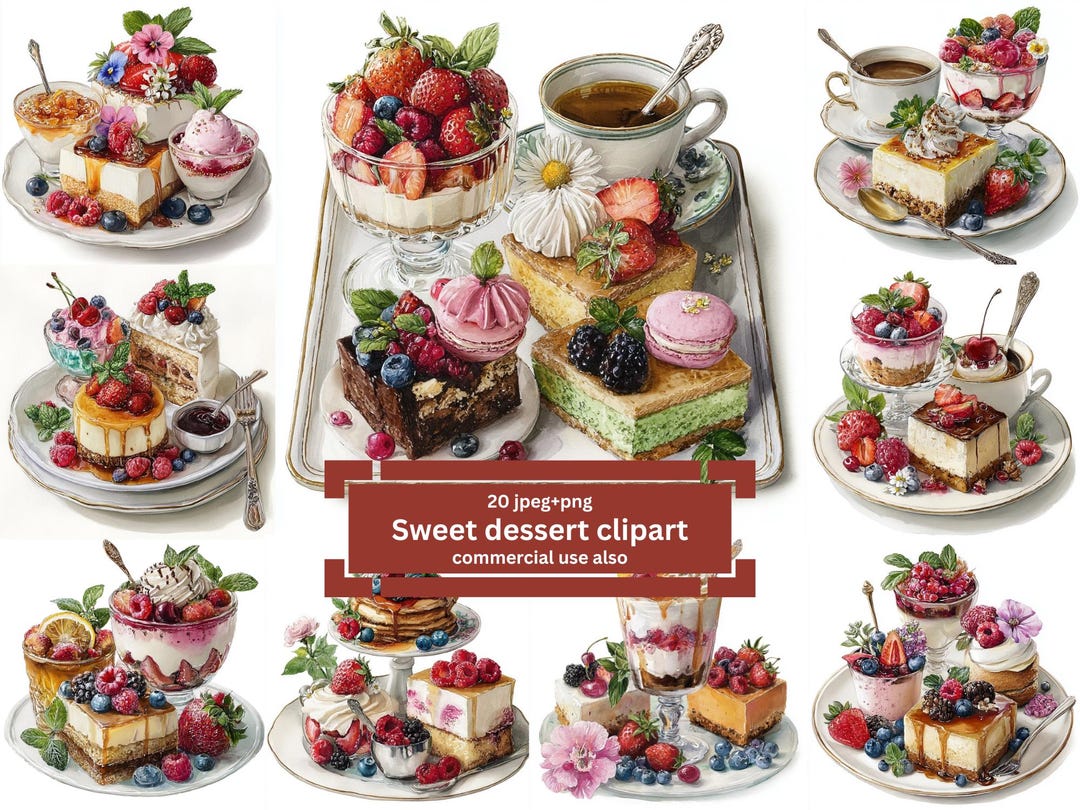Watercolor Dessert Clipart Bundle: Cake, Donut, Cookie PNG (digital ...