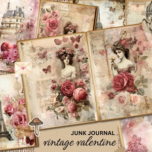 Kit de diario basura vintage de San Valentín: efímeras parisinas románticas, álbum de recortes con temática de rosas, historia de amor antigua, suministros para diario basura de San Valentín