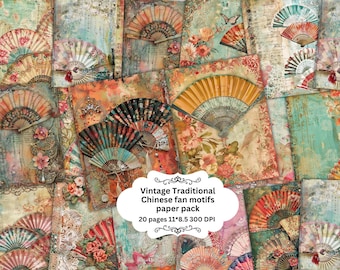 Vintage Chinese fan Junk Journal Pages, Digital Scrapbook Paper Kit, Japanese Ephemera, Printable Collage Sheet, Asian Background, Oriental
