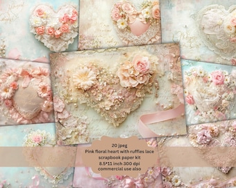 Floral Heart  Shabby Chic Junk Journal Pages, Romantic Scrapbook Paper, Valentine Digital Paper, Collage Sheet, Printable, Vintage Lace
