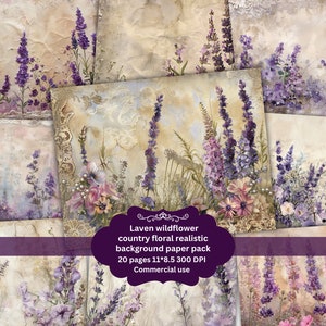 Kit diario spazzatura di fiori selvatici di lavanda, diario floreale vintage, bella carta digitale per Scrapbooking, pagine squallide stampabili Grunge