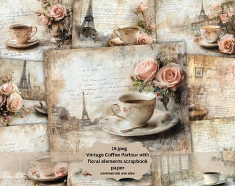 Paris Coffee cafe Junk Journal Kit Printable JPG Pages with Ephemera, Tags, Bookmarks), Tea Time, Vintage French Cafe Digital Paper, Digital