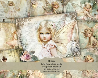 May include: A digital scrapbook paper kit featuring 20 images of fairies with wings, flowers, and vintage-style backgrounds. The images are 8.5 inches by 11 inches and 300 dpi. The kit is for commercial use.