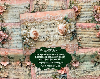 Shabby Floral Musical Sheet Junk Journal Pages, Digital Scrapbook Paper Kit, Book music Printable, Collage Sheet, Vintage Ephemera, Antique