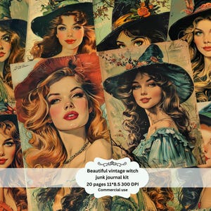 sorcière vintage beaux papiers numériques pour Halloween, cartes de journalisation indésirable, pages de journal intime, fournitures de journalisation, Halloween imprimable, vintage