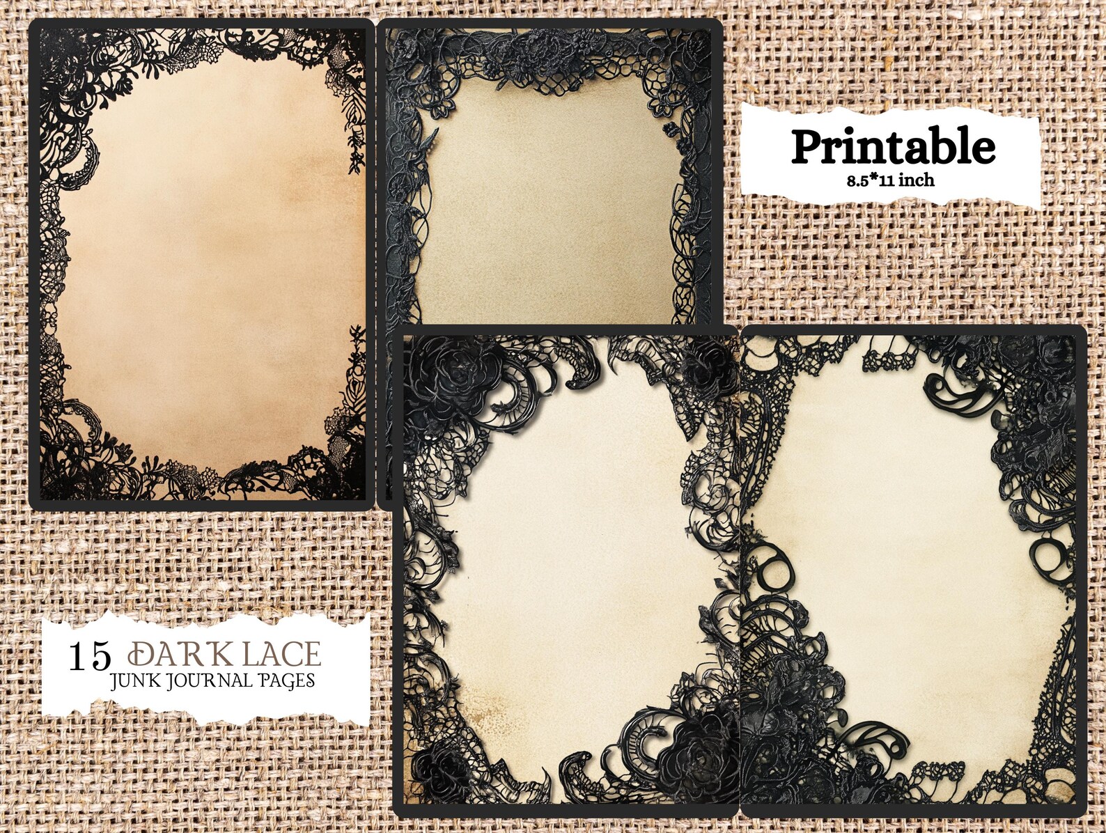 Dark Lace Shabby Junk Journal Printable Pages, Digital Lace Collage ...