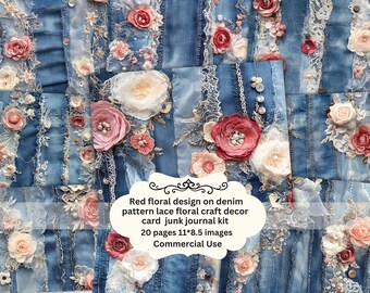 Red  floral on Denim Junk Journal Page Bundle, Textile Collage Sheets, Patchwork Digital Scrapbooking, Floral Lace, Vintage Ephemera, Shabby