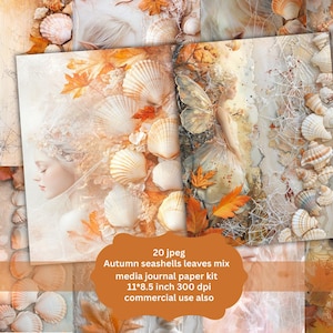 May include: A digital media journal paper kit featuring a mix of autumn seashells and leaves. The artwork includes illustrations of women, butterflies, and seashells in warm tones. The kit includes 20 jpeg images, 11"x8.5" in size.