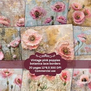Pink poppies botanica  Scrapbooking Floral Printable Shabby Pages Junk Journal Kit Vintage Gold Ephemera Journal Poppies Digital Paper