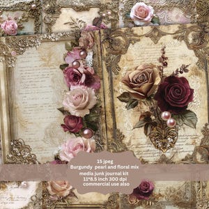 Carta digitale vintage con pizzo, rosa floreale bordeaux, scrapbooking, decorazioni da parete, carta per scrapbooking romantica, carta digitale rossa
