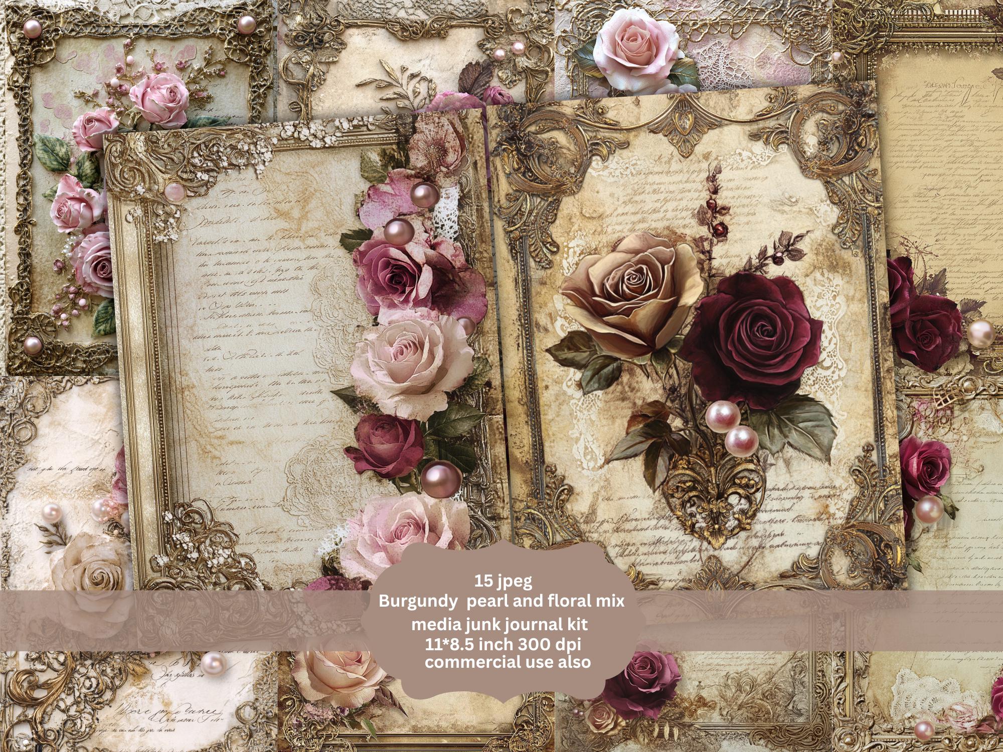 Burgundy Pink Floral Rose Vintage Lace Digital Paper Junk Journaling ...