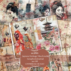 Vintage mix media Asian old Japan Junk Journal Kit, Journal Ephemera, Printable Pages with Tags, Fussy Cuts, Bookmark, Digital Paper