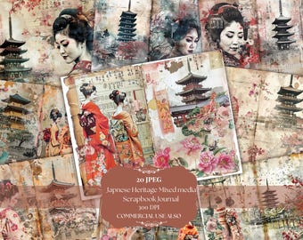 Vintage mix media Asian old Japan Junk Journal Kit, Journal Ephemera, Printable Pages with Tags, Fussy Cuts, Bookmark, Digital Paper
