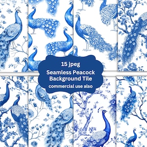 Blue Watercolor Peacocks Seamless Digital Paper, JPEG  Scrapbook Paper, Junk Journal, Paper Pack, Commercial Use