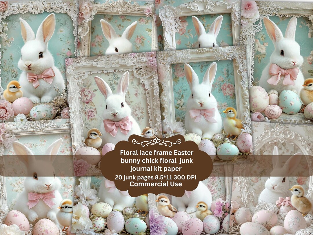 Easter Bunny and Chick Junk Journal Frame Pages, Bunny Lace Junk ...