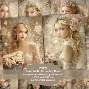 Kit per diario di nozze con damigella d'onore con fiori e splendido abito da sposa, pizzo vintage, materiale effimero stampabile, carta digitale floreale con fiori bianchi