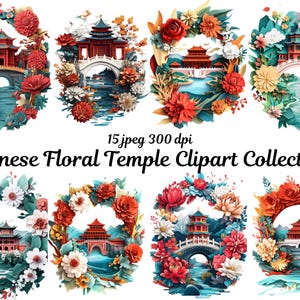 Chinese Floral Temple Clipart: Asian Architecture Graphics (PNG)
