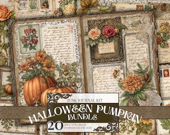 Pages de journal vintage citrouille d'automne, paquet éphémère floral d'automne, papier de scrapbooking imprimable, kit de journal Cottagecore, lot JPEG