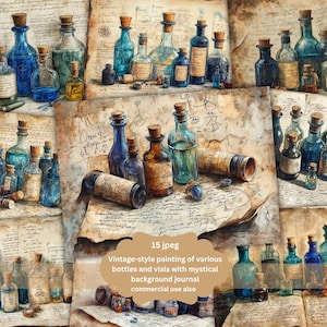 Vintage Apothecary Bottles Junk Journal Pages, Digital Scrapbook paper kit, Printable, Alchemy College Sheet, Vintage Witchy Download