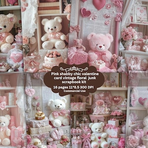 Páginas románticas de diario basura con osito de peluche rosa para San Valentín, kit de papel para álbumes de recortes, lindo bebé imprimible, hoja de collage para guardería, efemérides vintage