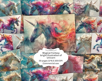 Glitter Unicorn Junk Journal Kit, Printable Scrapbook Paper Bundle, Rainbow Unicorn Images, Fantasy Picture Collage, Fairy Tale Journal