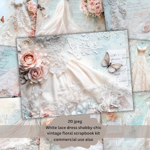 Spitze Brautkleid Junk Journal Kit Vintage Spitze Ephemera Printable Floral Digitales Papier weiße Blume Collage Sheets Shabby Chic