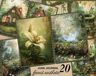 Enchanted Forest Cottage Junk Journal Kit, Fantasy Woodland House Printable Paper, Moss Cottage Ephemera, Cottagecore Scrapbook Pages