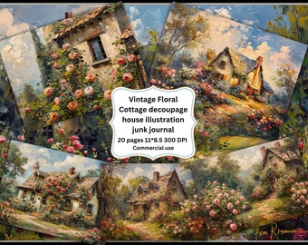 May include: A digital collage of five images featuring vintage floral cottage illustrations. Each image depicts a quaint cottage surrounded by lush greenery and blooming roses. The text "Vintage Floral Cottage decoupage house illustration junk journal 20 pages 11*8.5 300 DPI Commercial use" is displayed in a decorative frame.
