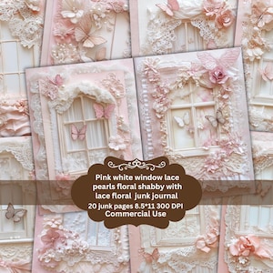 Kit de diario basura con encaje y flores Shabby Chic, hojas de collage de efímeras de encaje con ventana vintage rosa, papel digital imprimible con flores blancas, álbum de recortes
