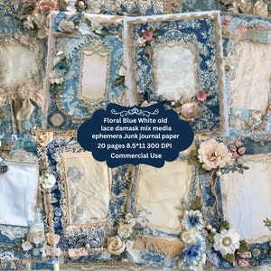 Blauw witte bloemen charme ongewenste dagboek plakboek schrijven pagina's, antieke kant parels plakboekpapier, mixed media bloemen afdrukbare achtergrond
