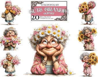 Lot de cliparts originaux de grand-mère | Illustrations florales de grand-mère | Oeuvres d'art de dame fleur marguerite | Graphismes fantaisistes de la vieille dame | Téléchargement JPEG