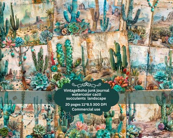 Desert Cactus Junk Journal Kit, 3d Watercolor Cactus Succulent Journal Pages, FLORAL Junk Journal Printable Paper, Digital Collage Sheet