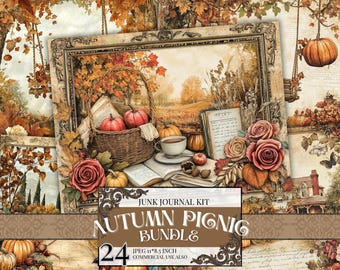Autumn Picnic Junk Journal Kit, Fall Digital Bundle, Vintage Pumpkin Ephemera, Cozy Cottagecore Printable Pages, Thanksgiving, JPEG Download