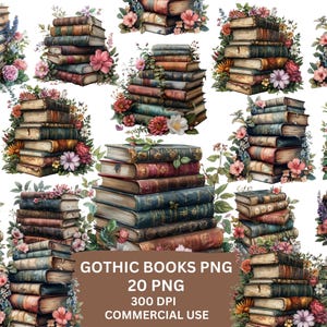 Vintage books with flower junk journal clipart png images,commercial use,craft supplies,Vintage Gothic book,Card Making,Gothic Book Png