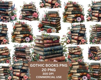 Vintage books with flower junk journal clipart png images,commercial use,craft supplies,Vintage Gothic book,Card Making,Gothic Book Png