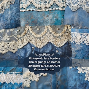 Denim blue Antique vintage Leather and Lace Backgrounds, Western Printable Wedding Scrapbook Papers, Rustic Country Sublimation Collage Art