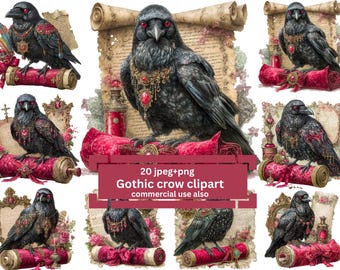 Gothic Raven Watercolor Clipart: Halloween Crow PNG, Junk Journal (Digital Download
