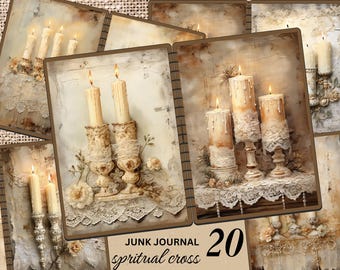 Kit de journal vintage pour bougies, dentelle shabby chic, papier imprimable, bougies anciennes romantiques éphémères, pages de scrapbooking cottage, neutre