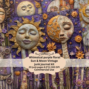 Puede incluir: Kit de diario de chatarra vintage Sun & Moon floral morado caprichoso con 20 páginas, 21,6 cm x 27,9 cm, 300 DPI. Uso comercial.