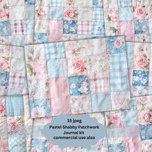 Páginas de diário de retalhos florais azuis e brancas, papéis digitais, páginas de diário para impressão, cartões de scrapbook, artesanato em papel, tecidos chiques e surrados