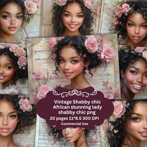 Bella donna africana con angoli Shabby chic, donna con elementi floreali misti, carta per scrapbooking, kit Flower Girl Ephemera Collage Floral Girl