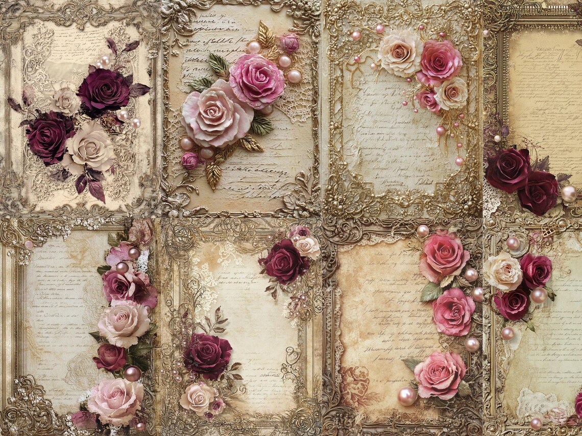 Burgundy Pink Floral Rose Vintage Lace Digital Paper Junk Journaling ...