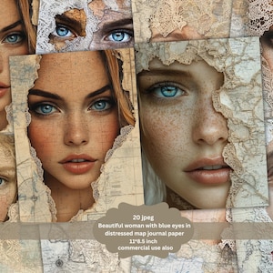 Folha tonificada para mulheres, olhos lindos, páginas de diário de lixo, itens efêmeros caprichosos, kit de diário de lixo para meninas, papéis digitais românticos e vitorianos para meninas