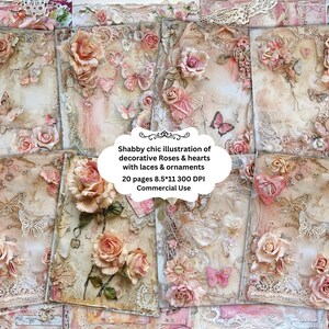 Shabby chic illustration of vintage decorative Roses and hearts with laces & ornaments Floral Backgrounds,Pink Roses junk journal kit