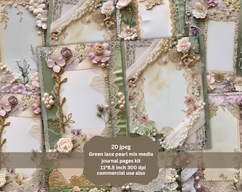 Op de afbeelding: Een verzameling mixed media journaalpagina's met een vintage uitstraling. De pagina's hebben groene kant, parels en bloemversieringen. De pagina's zijn 28 x 21,6 cm groot. De afbeelding bevat de tekst "20 jpeg Green lace pearl mix media journal pages kit 11*8.5 inch 300 dpi commercial use also."