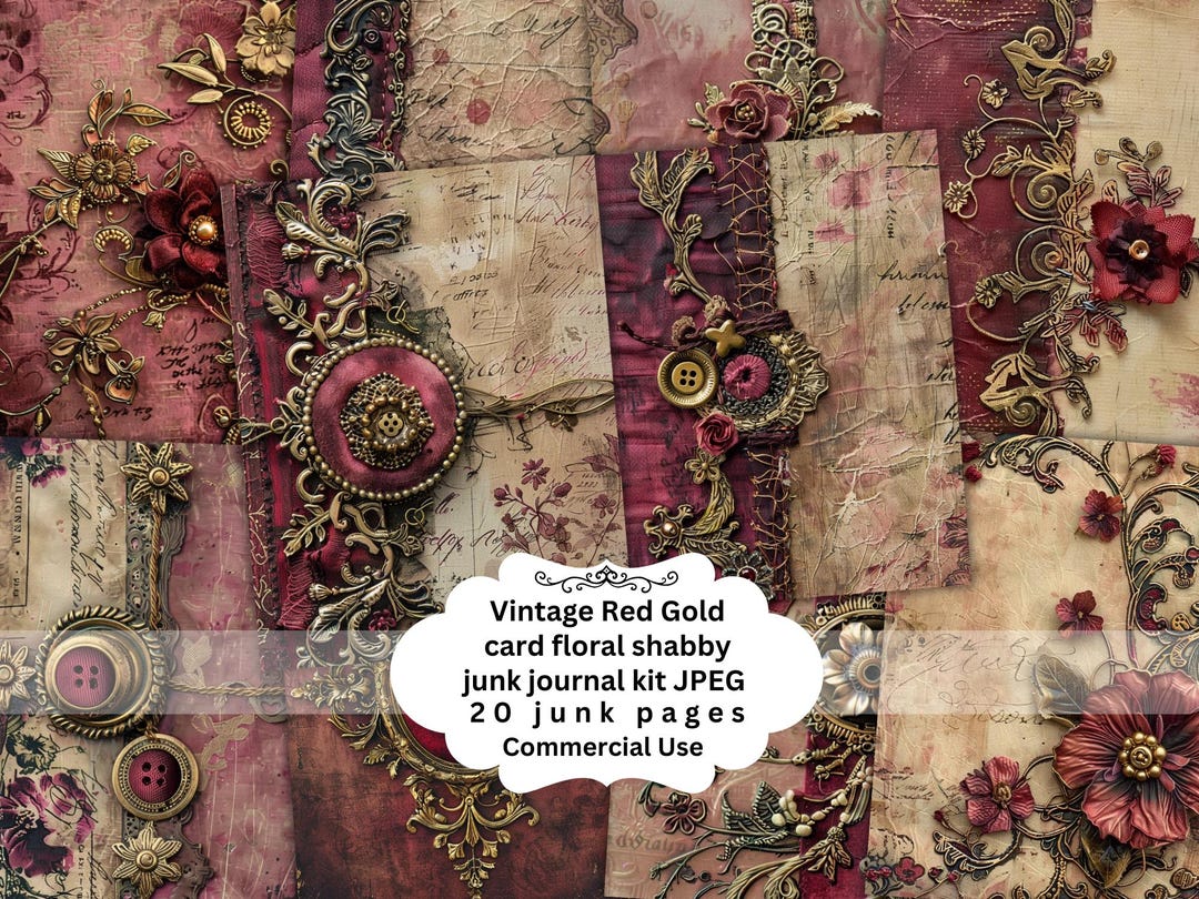 Vintage Red Gold Floral Junk Journal Pages (digital Download) - Etsy
