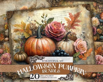 Fall Pumpkin Junk Journal Pages, Autumn Harvest Ephemera Bundle, Vintage Thanksgiving Printable Paper, Floral Pumpkin Kit JPEG