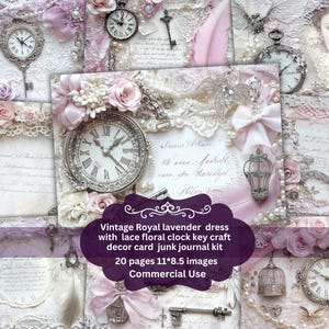 May include: A collage of vintage-themed ephemera in shades of lavender, pink, and white. The image features clocks, keys, lace, floral elements, and decorative cards. The text on the image reads "Vintage Royal lavender dress with lace floral clock key craft decor card junk journal kit."